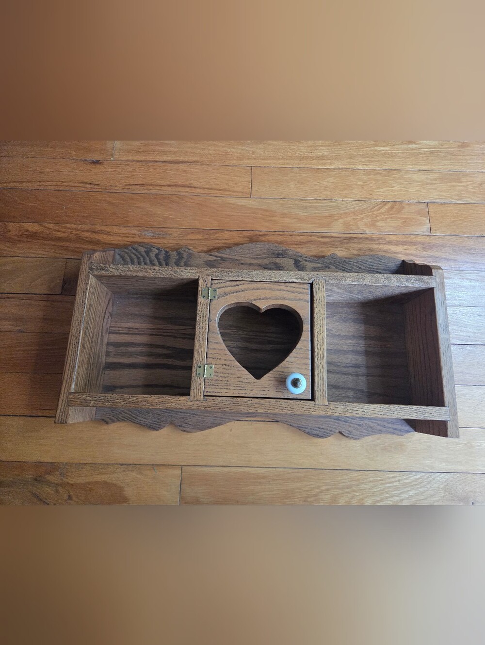 Vintage Rustic Brown Wood Heart Wall Shelf With Heart Cutout Door